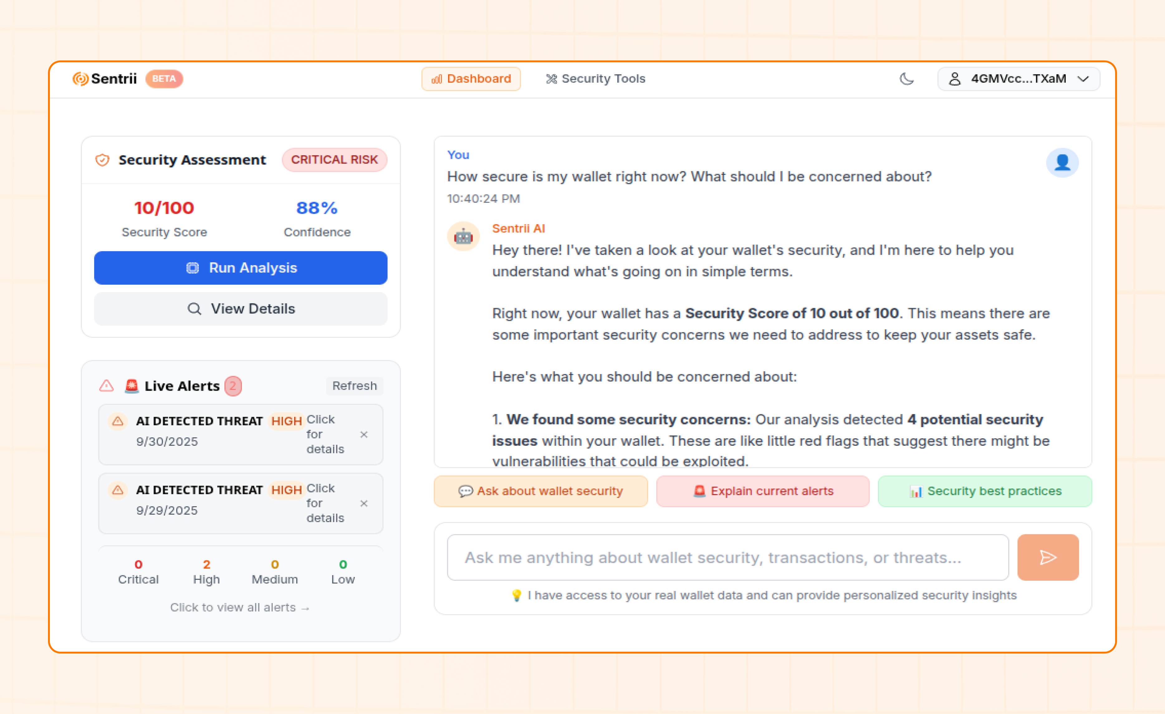 Sentrii Dashboard - AI Analysis and Security Overview